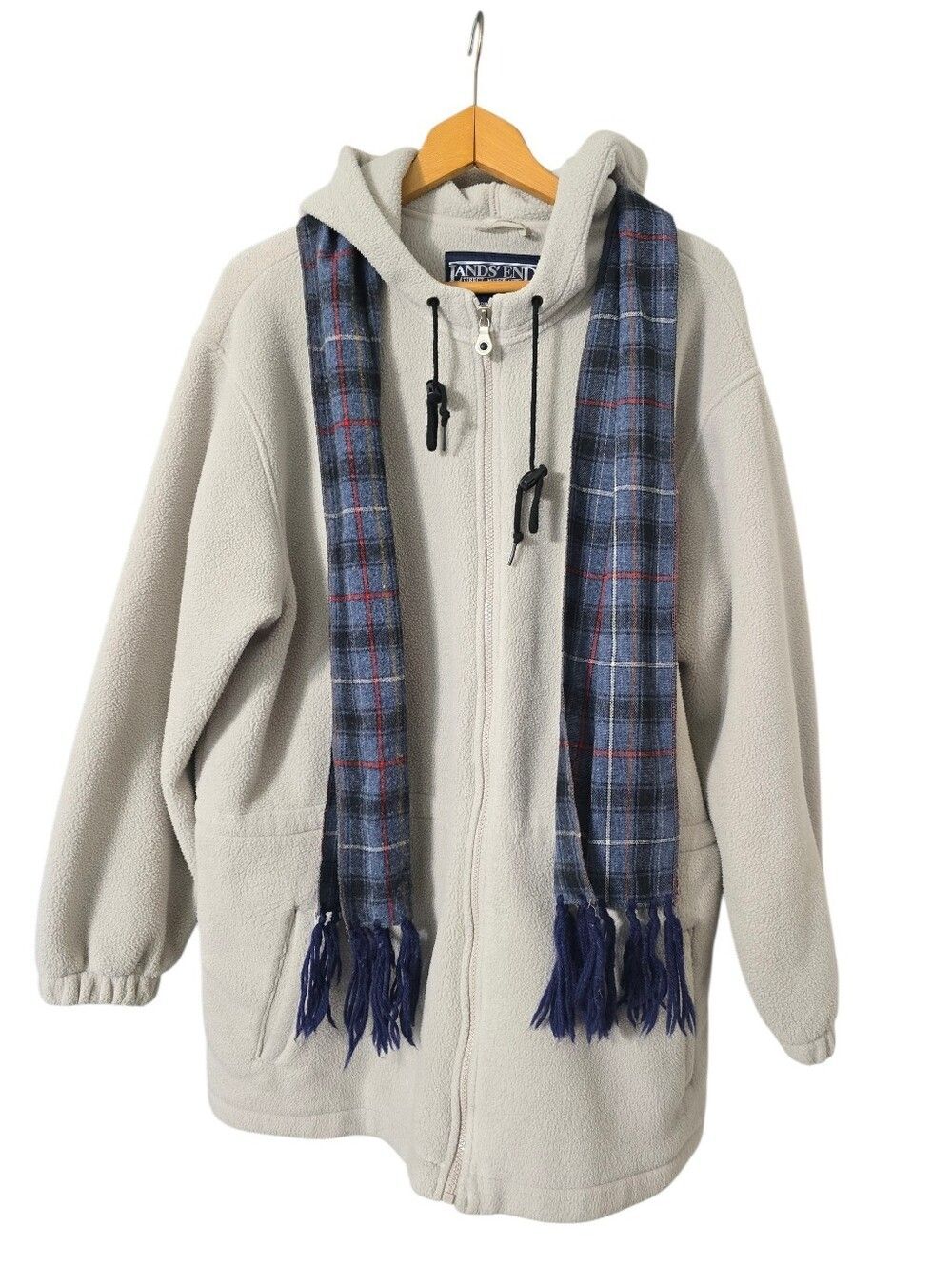 Vintage Lands End Light Gray Full-Zip Fleece Hoodie Polartec Womens L 90s Y2K
